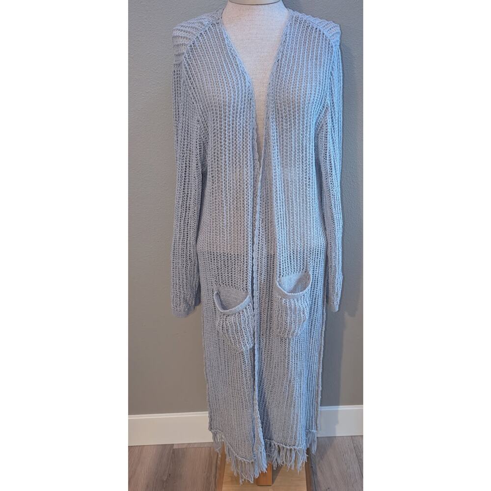Womens POL Duster Cardigan Large Gray Fringed Open Front Loose Knit Pockets - Picture 2 of 5